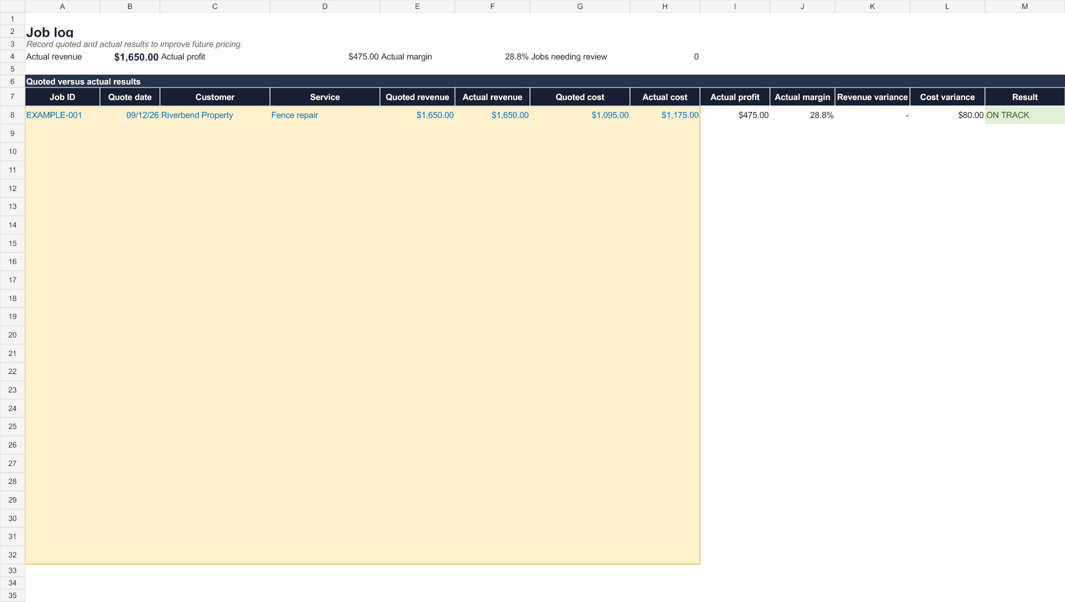 Preview of the actual job results log included in Contractor Pricing Desk