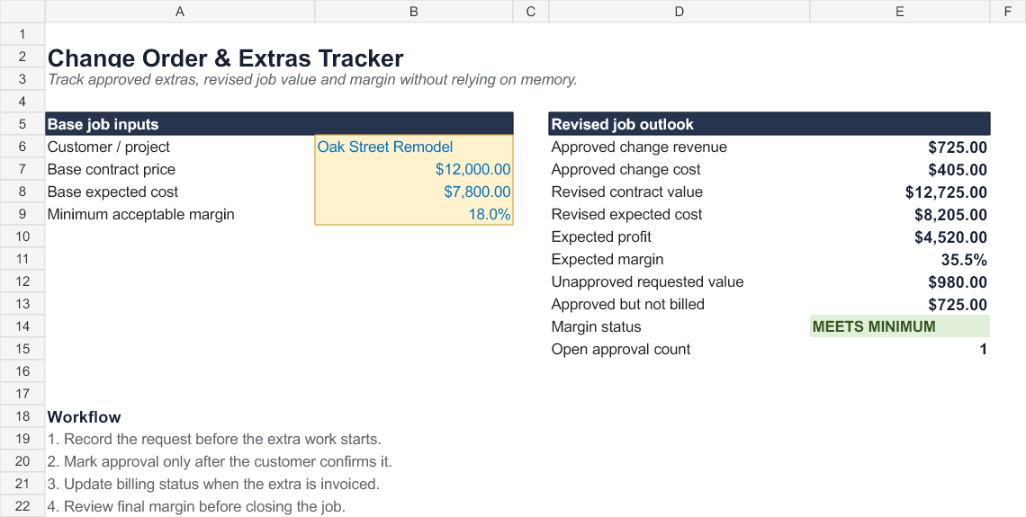 Preview of Change Order and Extras Tracker